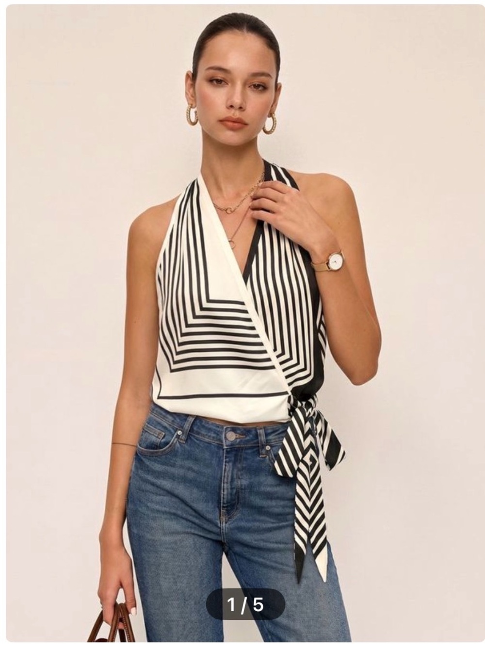 Commense Black and White Striped Wrap Halter Camisole